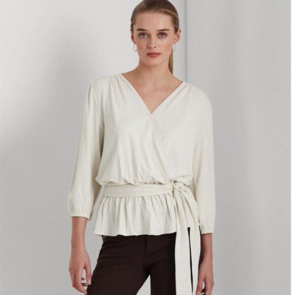 NWT LAUREN RALPH LAUREN JERSEY PEPLUM BELTED SIDE TIE BLOUSE/TOP CREAM M $98 - Picture 2 of 9